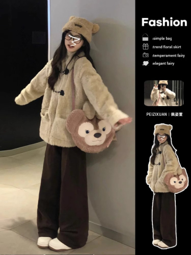 Rabbit fleece coat for women winter 2024 new Korean style loose mid-length thickened fur sherpa all-in-one coat