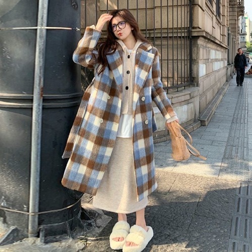 Plaid Hepburn woolen coat 2024 new woolen coat Korean style Korean style premium coat thickened