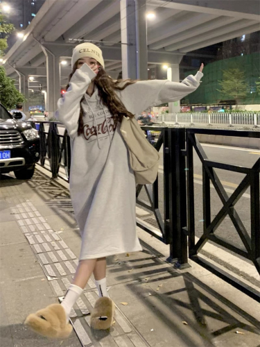 250g large sweater with double layer hood, winter Korean style lazy style sweet printed slit sweatshirt skirt for women