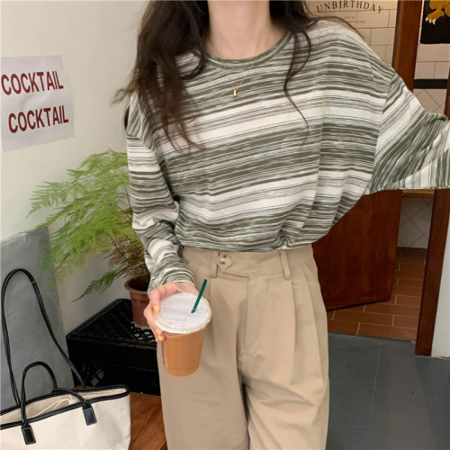 Milk Silk Striped Round Neck Long Sleeve T-Shirt Women's Autumn Design Loose