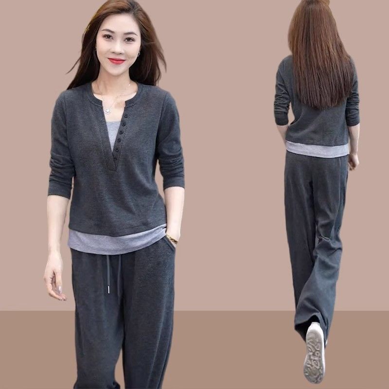 Spring and Autumn New Women's Casual Sports Suit Fake Two-piece Top Slim Fit Wide-Leg Pants Two-piece Set