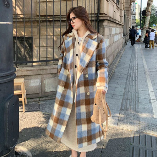 Plaid Hepburn woolen coat 2024 new woolen coat Korean style Korean style premium coat thickened