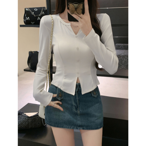 Long-sleeved V-neck top for women early autumn slim fit pullover T-shirt