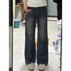 Women's Vintage Blue Loose Fitting Skirt for Pear Shape Body, High-Waisted Flared Straight Leg Floor-Length Pants