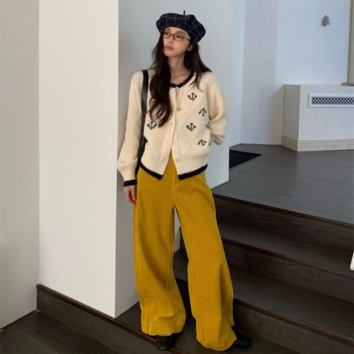 Actual shot of Korean retro high-quality tailored yellow washed corduroy wide-leg pants