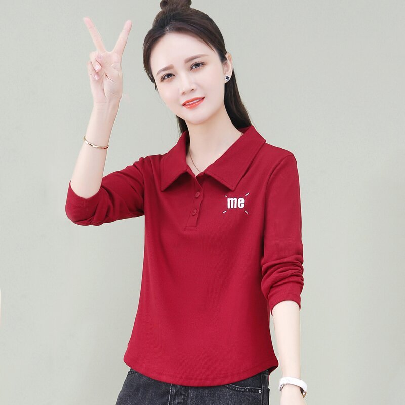 Pure cotton versatile simple T-shirt spring and autumn style Polo collar button design top trendy fashion curved hem long sleeves