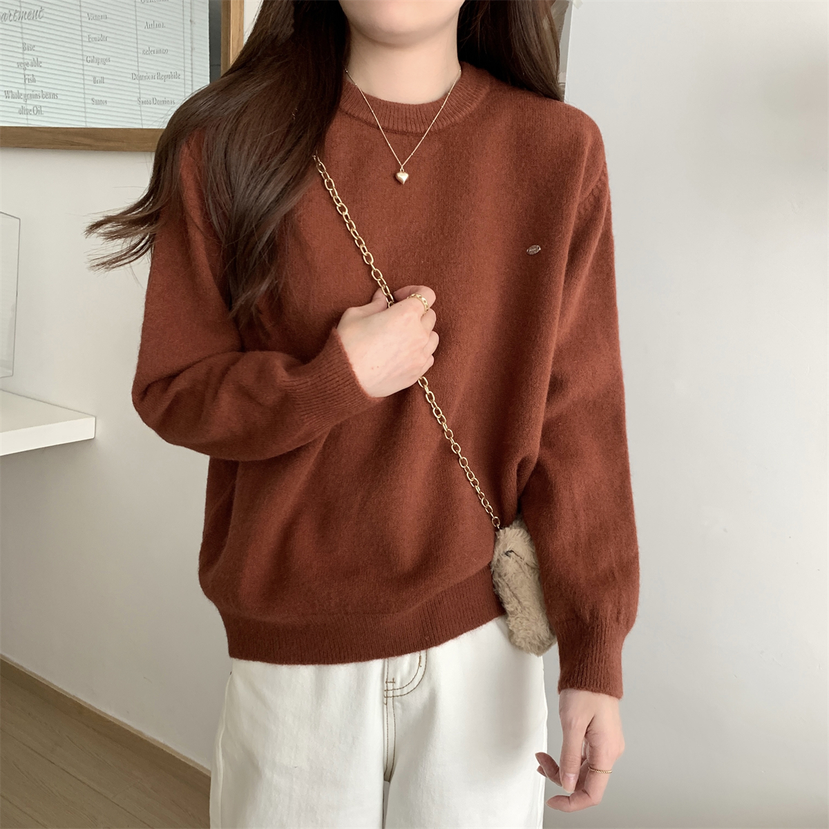Photographed Korean style loose and simple matchable soft plush arctic wool knit turtleneck top sweater