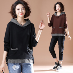 Spring Korean style loose spliced ​​plaid hooded sweatshirt long-sleeved top for women