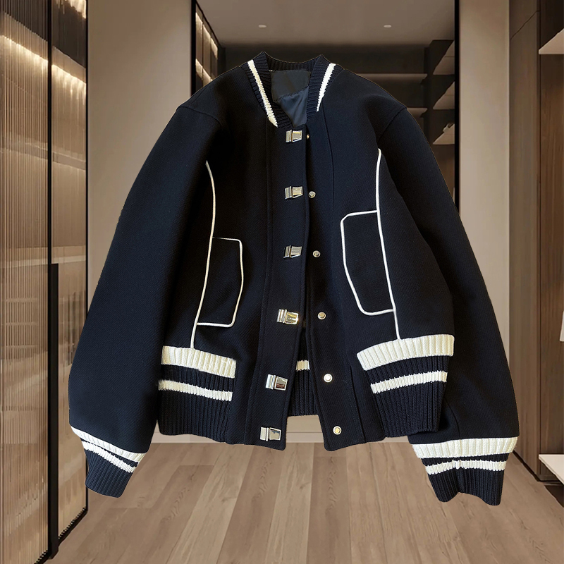 Official picture of black baseball uniform jacket for women, spring and autumn new loose slimming short college style top