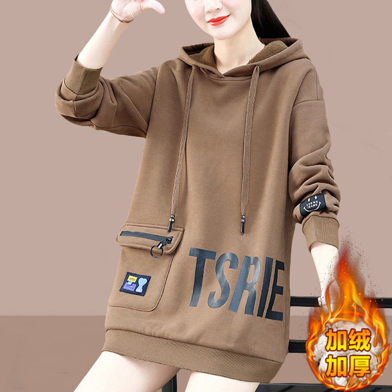 Velvet thickened hooded sweatshirt women's base layer winter new age-reducing mid-length jacket
