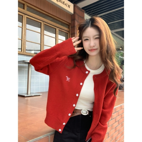 Photo-shoot Korean-style versatile single-button cardigan butterfly embroidery arctic wool knit jacket top