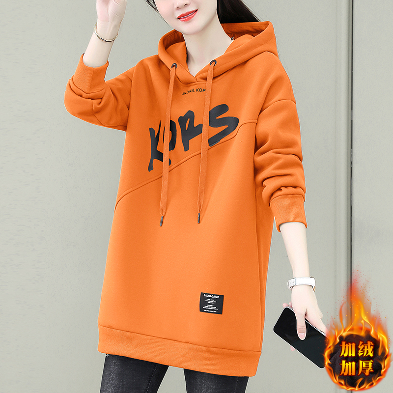 Mid-length thickened velvet sweatshirt for women, hooded, loose, autumn and winter new slimming top to cover buttocks