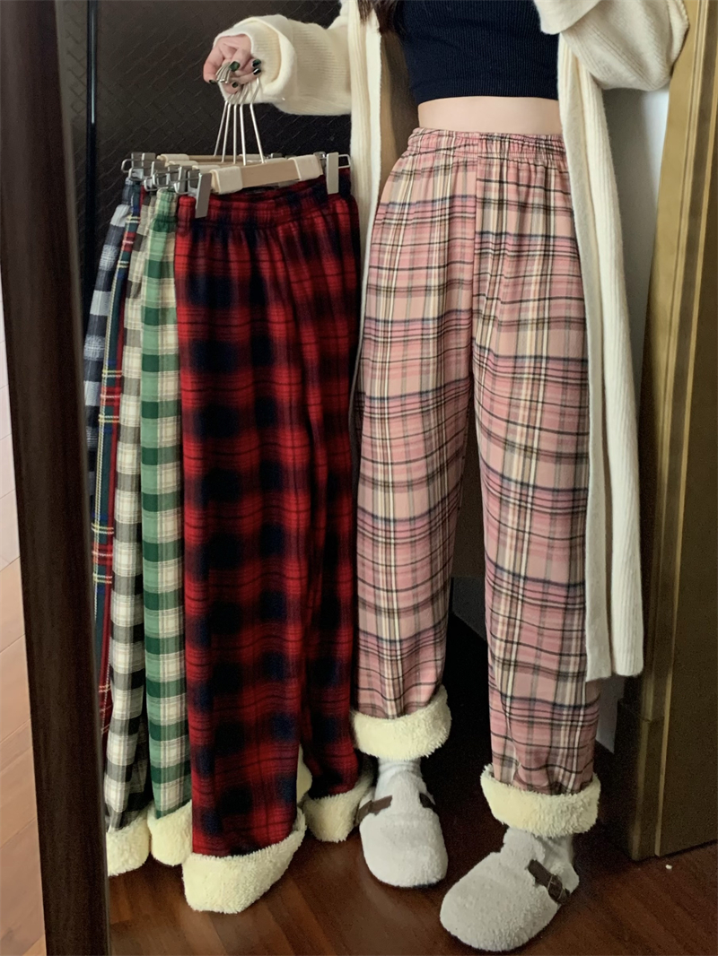 Photographed Autumn/Winter Fleece-lined Thick Lambskin Plaid Wide-leg Straight-leg Slimming Casual Lounge Pants