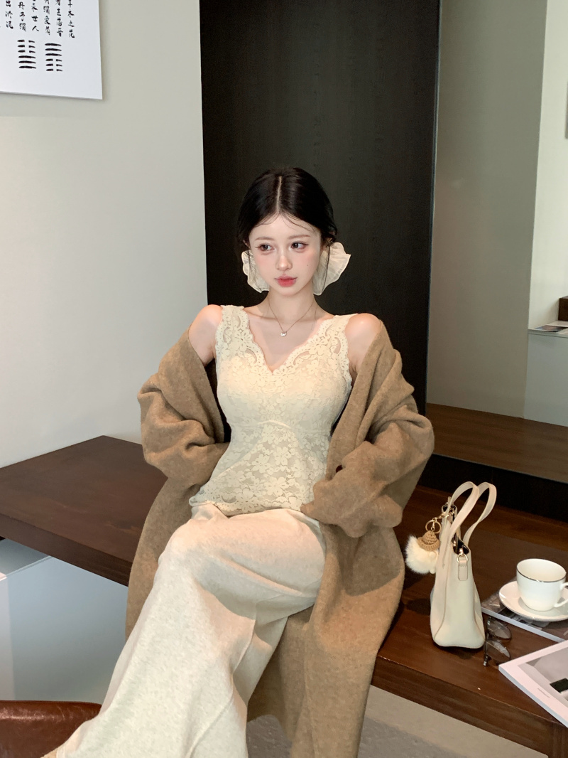 Shooted Lazy Style Drape Knit Long Coat for Women Sleeveless Lace Backless Top Soft Knit Wide Leg Pants