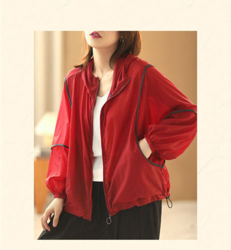 New summer tops, versatile, lightweight, comfortable, contrasting colors, hooded, loose short coat, sun protection clothing, women's thin, trendy