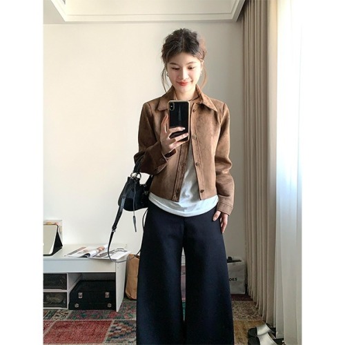 Maillard brown suede short jacket for women autumn 2024 new style high-end small retro temperament jacket