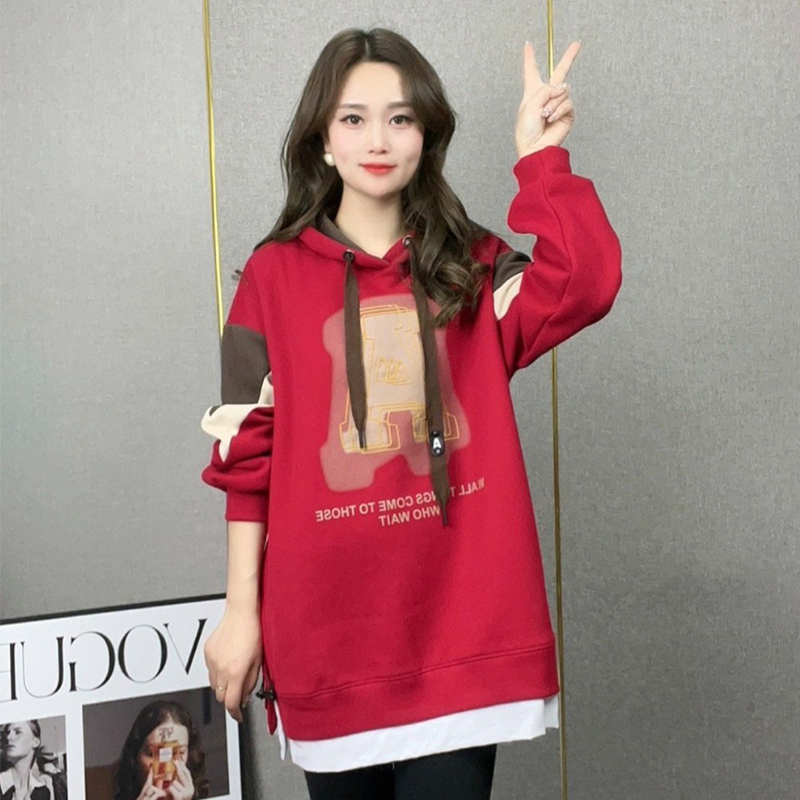 Spring and autumn new style sweatshirt hooded fake two-piece popular top mid-length cover buttocks women's fashion style
