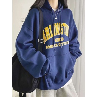 Plush hooded sweatshirt for women, autumn and winter loose retro letter print long-sleeved bestie top jacket