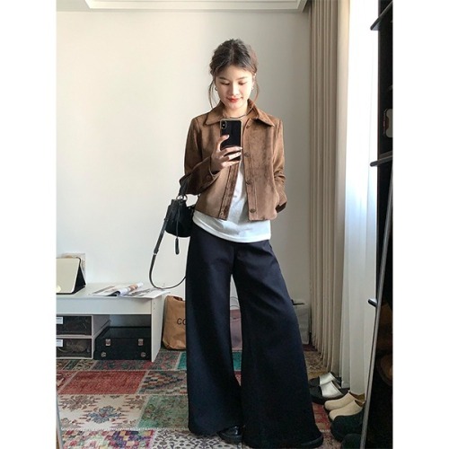 Maillard brown suede short jacket for women autumn 2024 new style high-end small retro temperament jacket