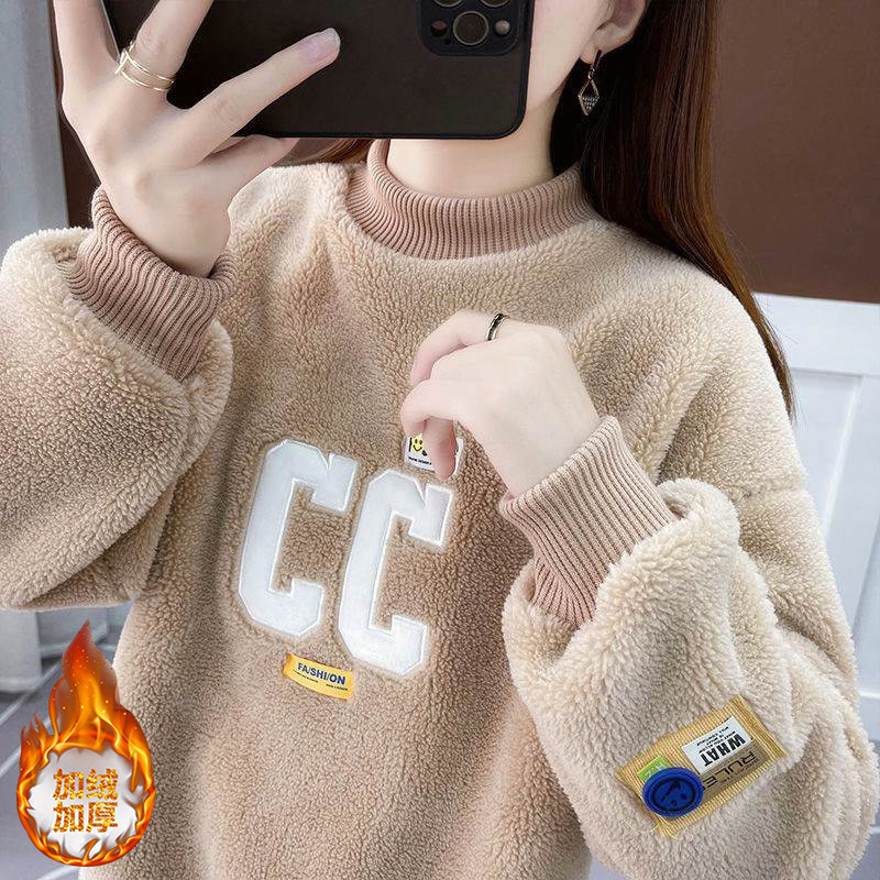 Good quality 380g lamb velvet embroidered sweatshirt for women winter hooded plus velvet thickened embroidered large size women's clothing