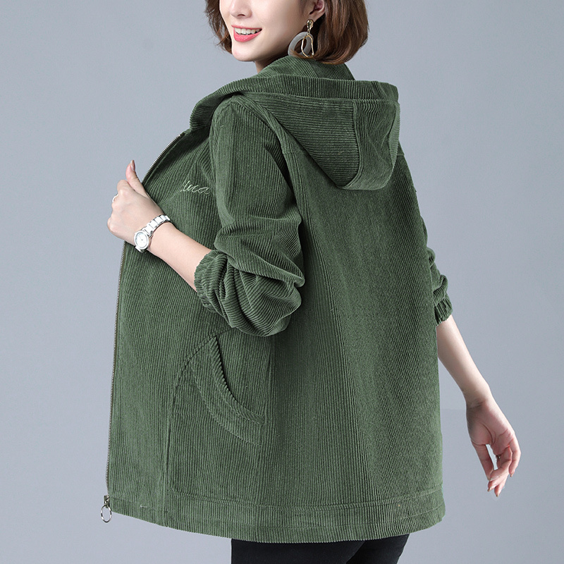 Corduroy women's short jacket spring and autumn new middle-aged mother pure cotton hooded casual loose jacket