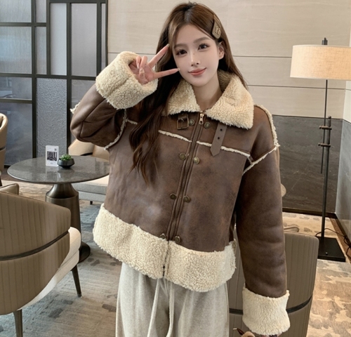 Maillard wears a fur-integrated lamb wool coat for women in autumn and winter, a high-end street brown thickened short top