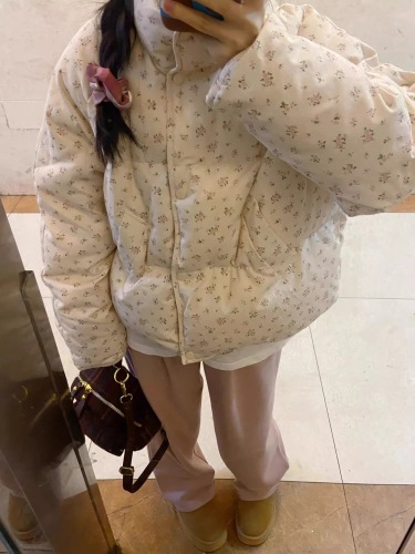 Original method of floral short down jacket for women in winter small stand collar women's bread coat winter coat