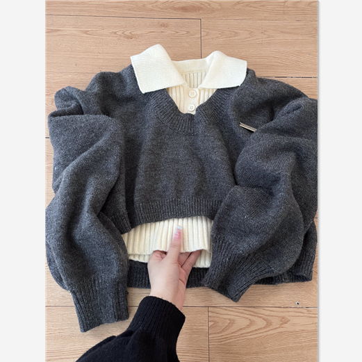 Women's College Style Short-Sleeve Polo Neck Knit Sweater Set for Autumn/Winter 2024