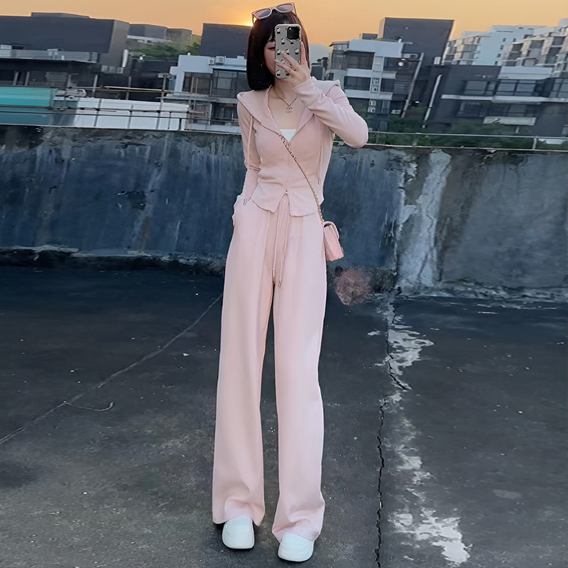 Official photo, high cotton content, small body sportswear suit, women's autumn new sweatshirt, wide-leg pants, two-piece trendy set
