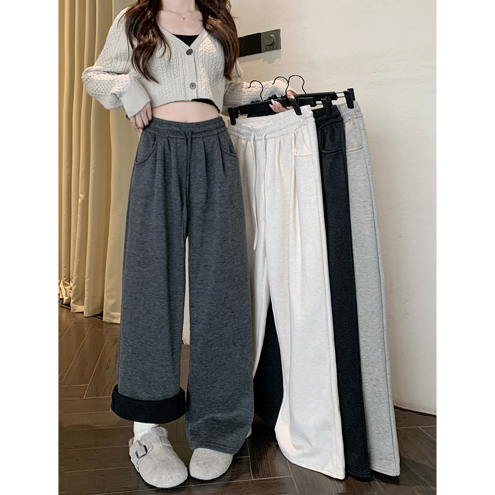 Actual shot! 2024 autumn and winter new style plus velvet lazy style thickened drawstring drape wide leg pants small casual pants for women