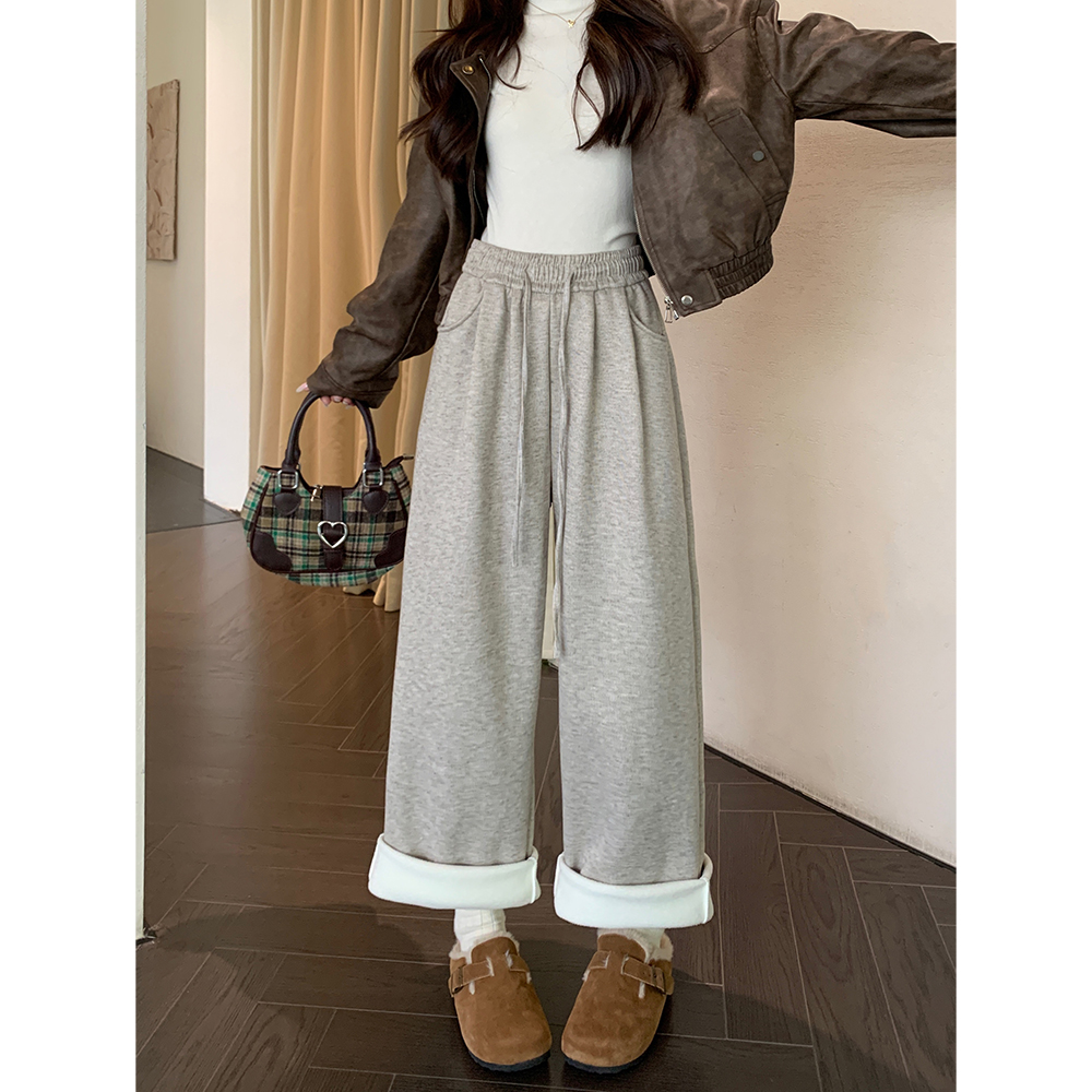 Actual shot! 2024 autumn and winter new style plus velvet lazy style thickened drawstring drape wide leg pants small casual pants for women