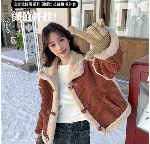 Maroon Corduroy Short Lamb Wool Jacket Women's 2024 Autumn and Winter New Warm Casual Contrast Color Loose Cotton Coat