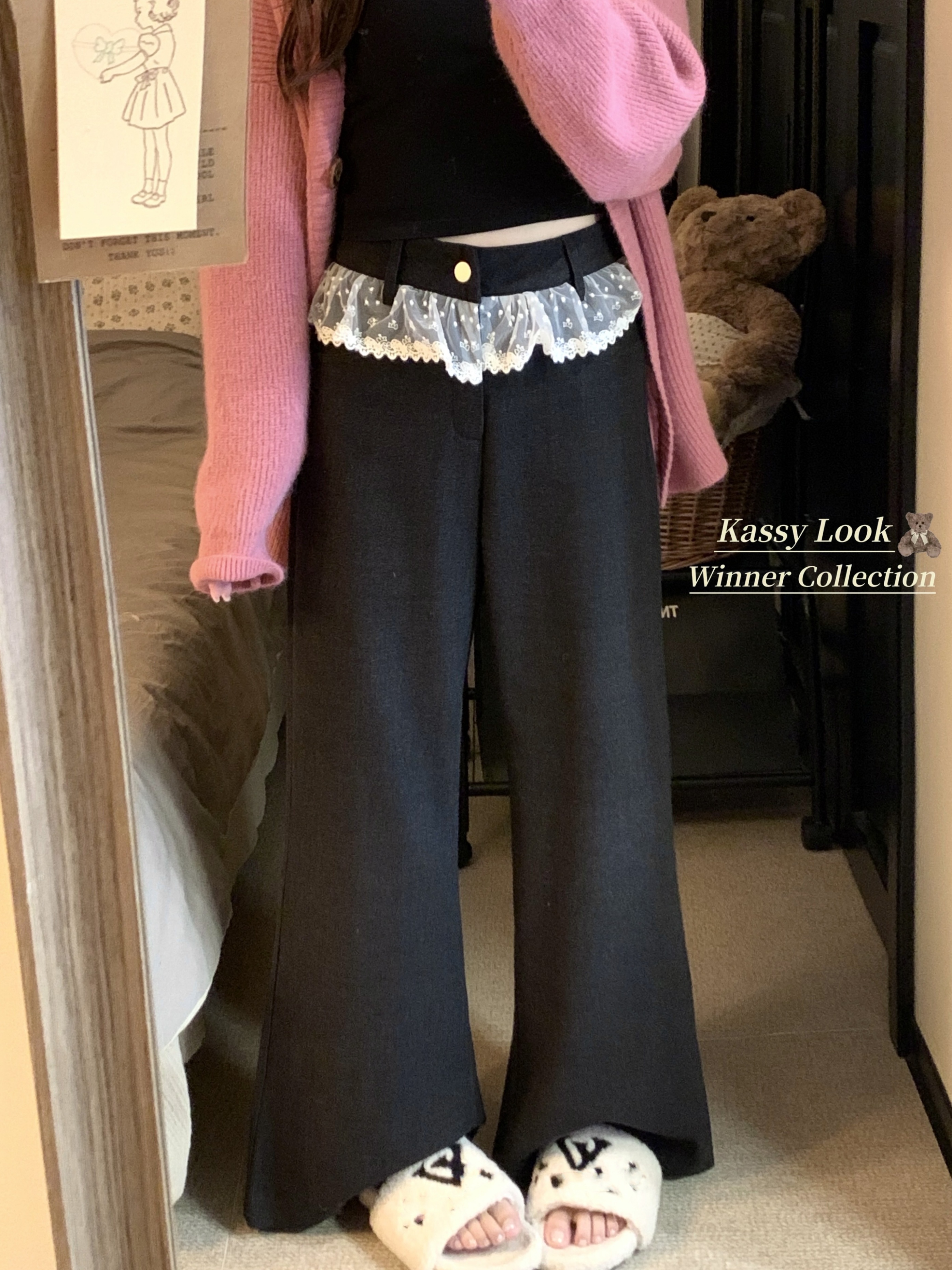 Real shot~ Autumn and winter new Korean lace waistband splicing slim straight pipe wool suit pants casual pants 