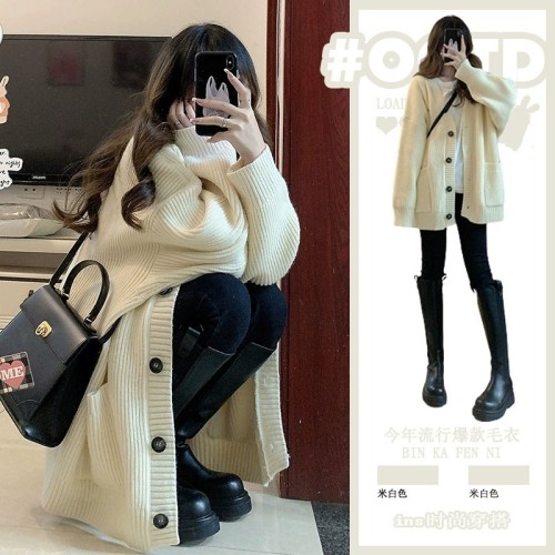  autumn and winter lazy style sweater cardigan gentle spring and autumn mid-length v-neck loose gray sweater jacket for women