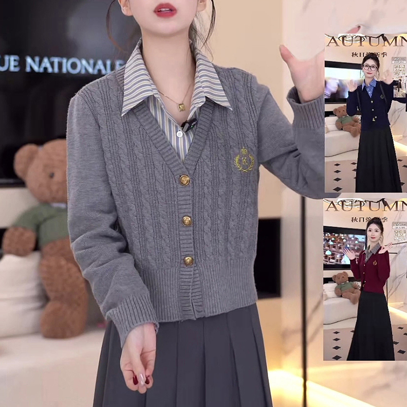 Autumn new high-end splicing fake two-piece college style sweater tops with versatile style