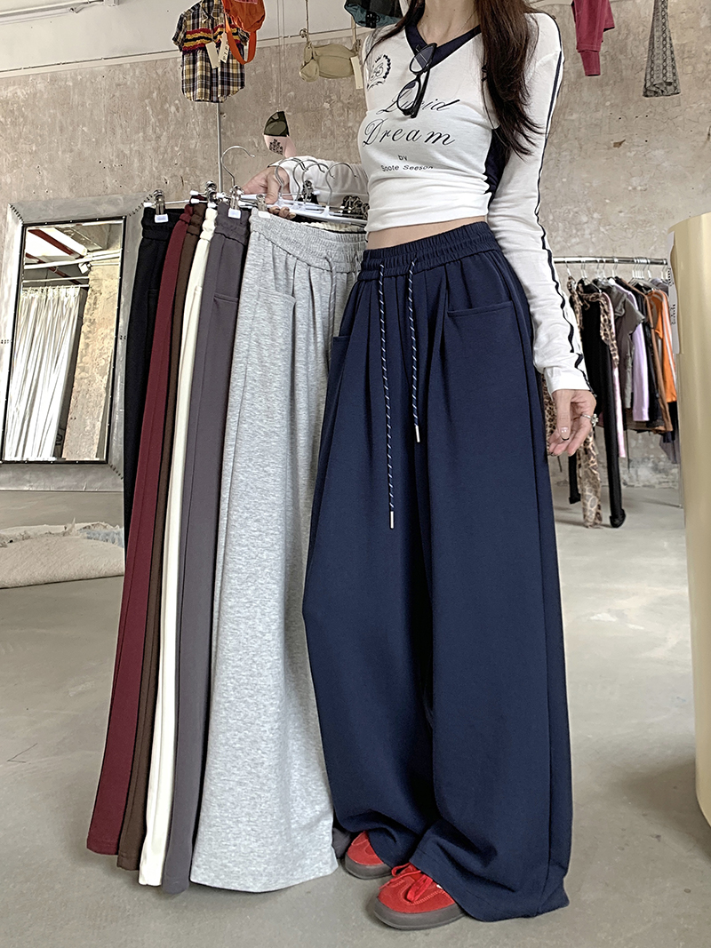 Photographed Lazy Style Gray Casual Pants Autumn Sweatpants Women High-Waist Straight Leg Pants Wide Leg Pants Long Pants with Drape Floor-Length Pants