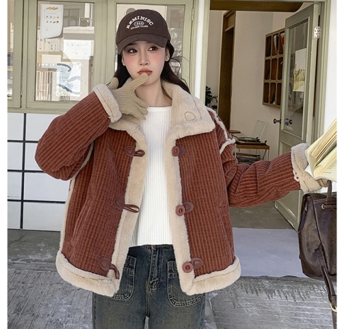 Maroon Corduroy Short Lamb Wool Jacket Women's 2024 Autumn and Winter New Warm Casual Contrast Color Loose Cotton Coat