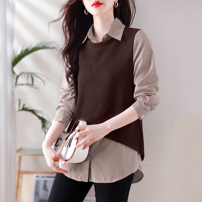 Spring new fake two-piece striped long-sleeved back buttoned shirt for women Korean style slim and versatile top trendy