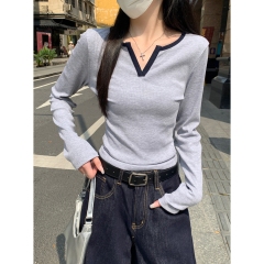 Actual shot of autumn and winter Korean style contrasting color half-open collar versatile slimming long-sleeved inner T-shirt top for women