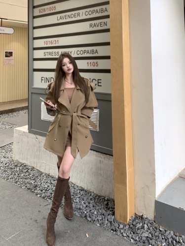 Real shot!  British style super good-looking double-breasted windbreaker coat for women petite autumn and winter high-end coat