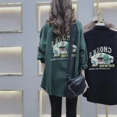 Official picture of long-sleeved fashion printed shirt for women spring and autumn new loose top casual versatile mid-length retro jacket