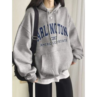 Plush hooded sweatshirt for women, autumn and winter loose retro letter print long-sleeved bestie top jacket