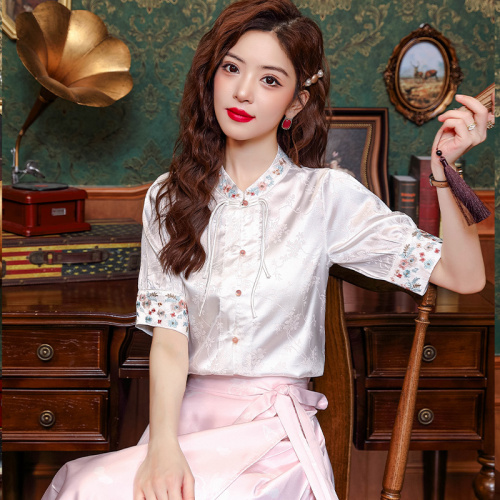 Real shot of national style jacquard embroidery stand collar silk short-sleeved shirt for women summer 2024 new Chinese style top matching