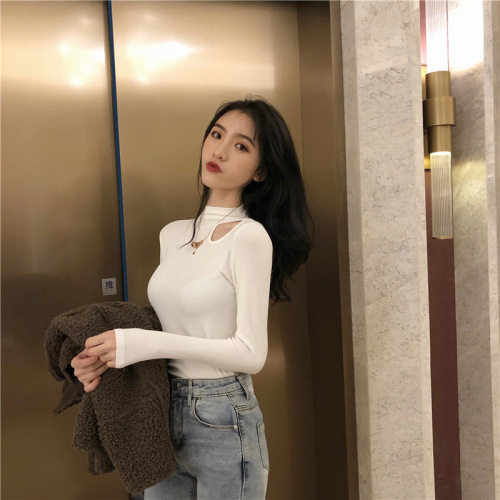 Threaded half turtleneck autumn and winter style inner slim fit discreet top with collarbone exposed long-sleeved T-shirt