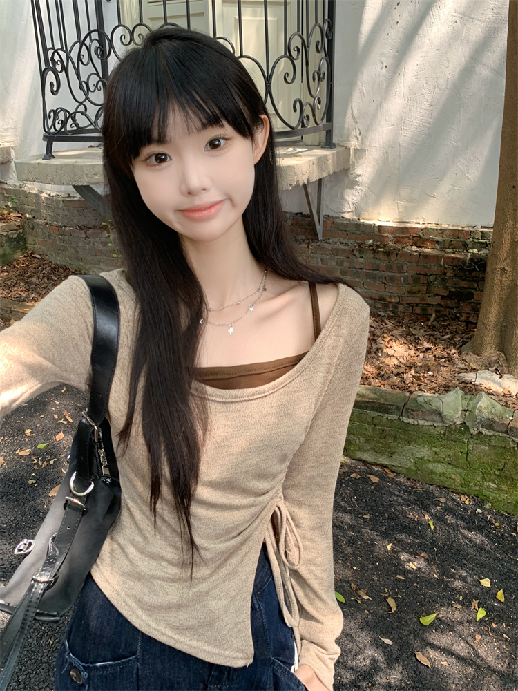 實拍假兩件長袖內搭打底針織衫女秋設計感抽繩系帶上衣