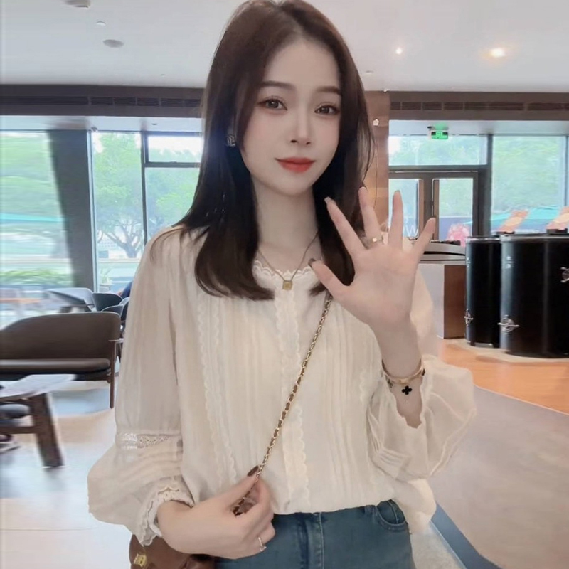 Official picture design lantern sleeve lace long-sleeved shirt women's spring new high-end small shirt top
