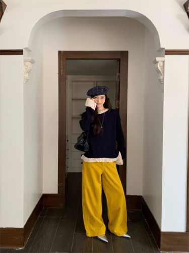 Actual shot of Korean retro high-quality tailored yellow washed corduroy wide-leg pants