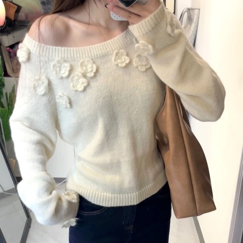 2024 Autumn New Style Knitted Sweater Casual Korean Style Pure Desire High-level 3D Flower Slant Collar Off-Shoulder Slim Sweater