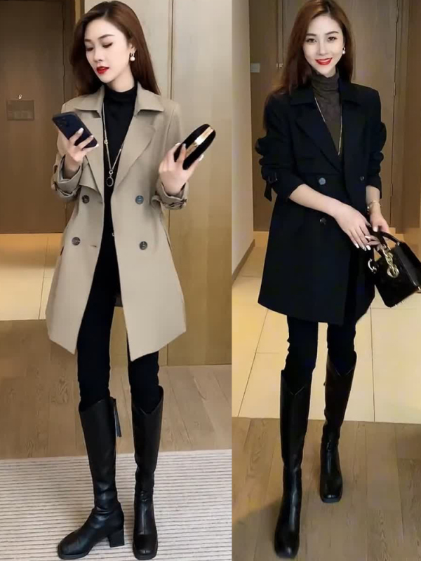 Casual windbreaker for women, mid-length, spring and autumn, new style, waisted, small, versatile, loose, slim, trendy jacket