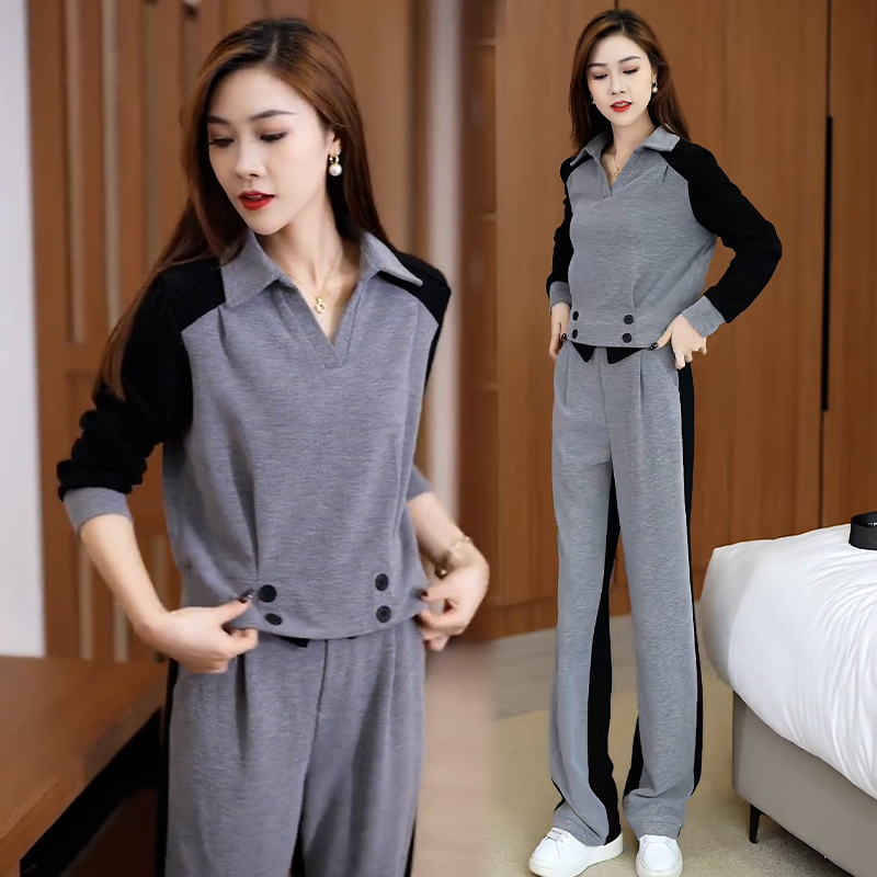 Official Photo Lapel Casual Sports Suit Women's Autumn New Fashion Color Matching Wide Leg Pants Two-piece Set